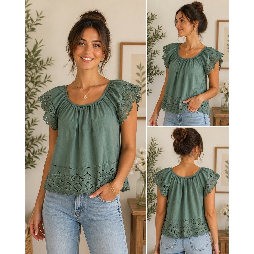 GAP Sage Green Eyelet Lace Flutter Sleeve Top XS